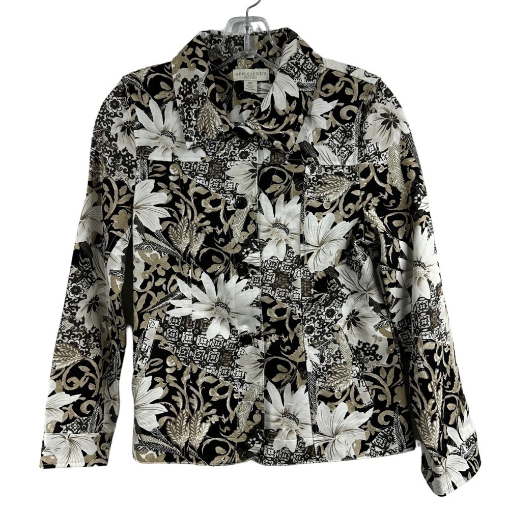 Appleseed’s Petites Beige Floral Button Front Cotton Jacket, 4P